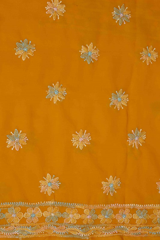 Ada Hand Embroidered Mustard Georgette Lucknowi Chikan Unstitched Suit Piece A211173