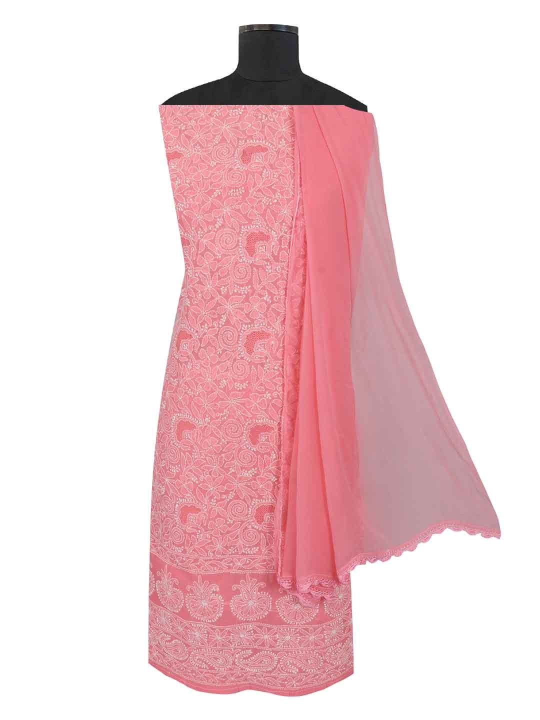 Ada Hand Embroidered Carrot Pink Cotton Lucknowi Chikankari Unstitched Suit Piece 01A213275