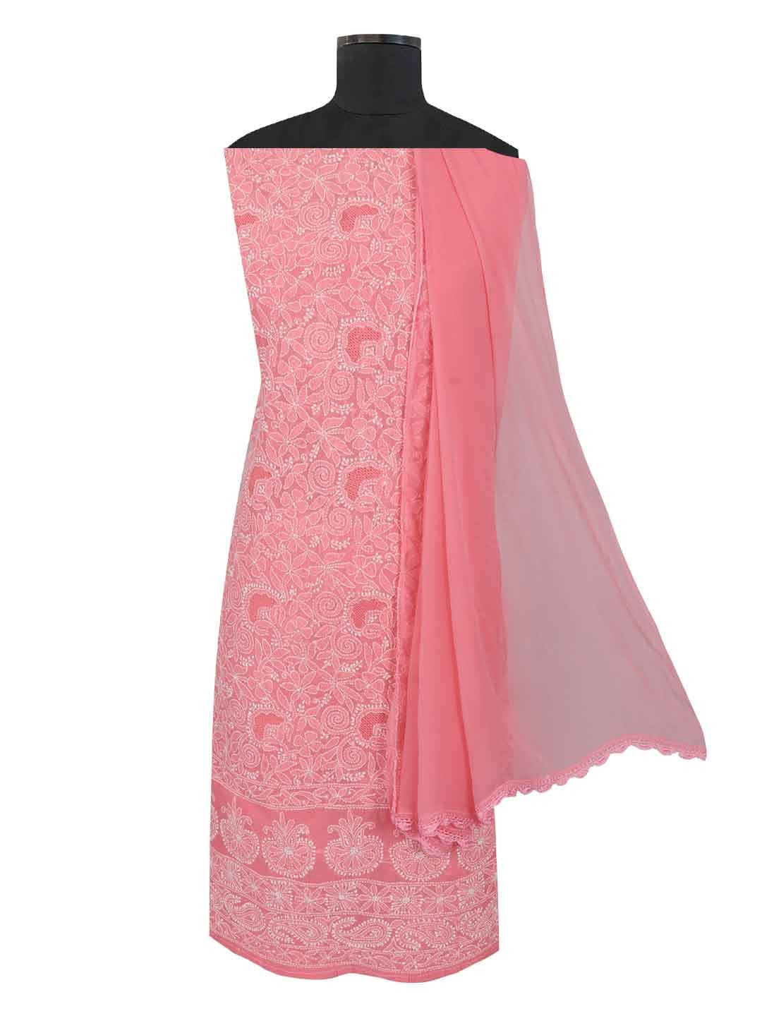 Ada Hand Embroidered Carrot Pink Cotton Lucknowi Chikankari Unstitched Suit Piece 01A213275
