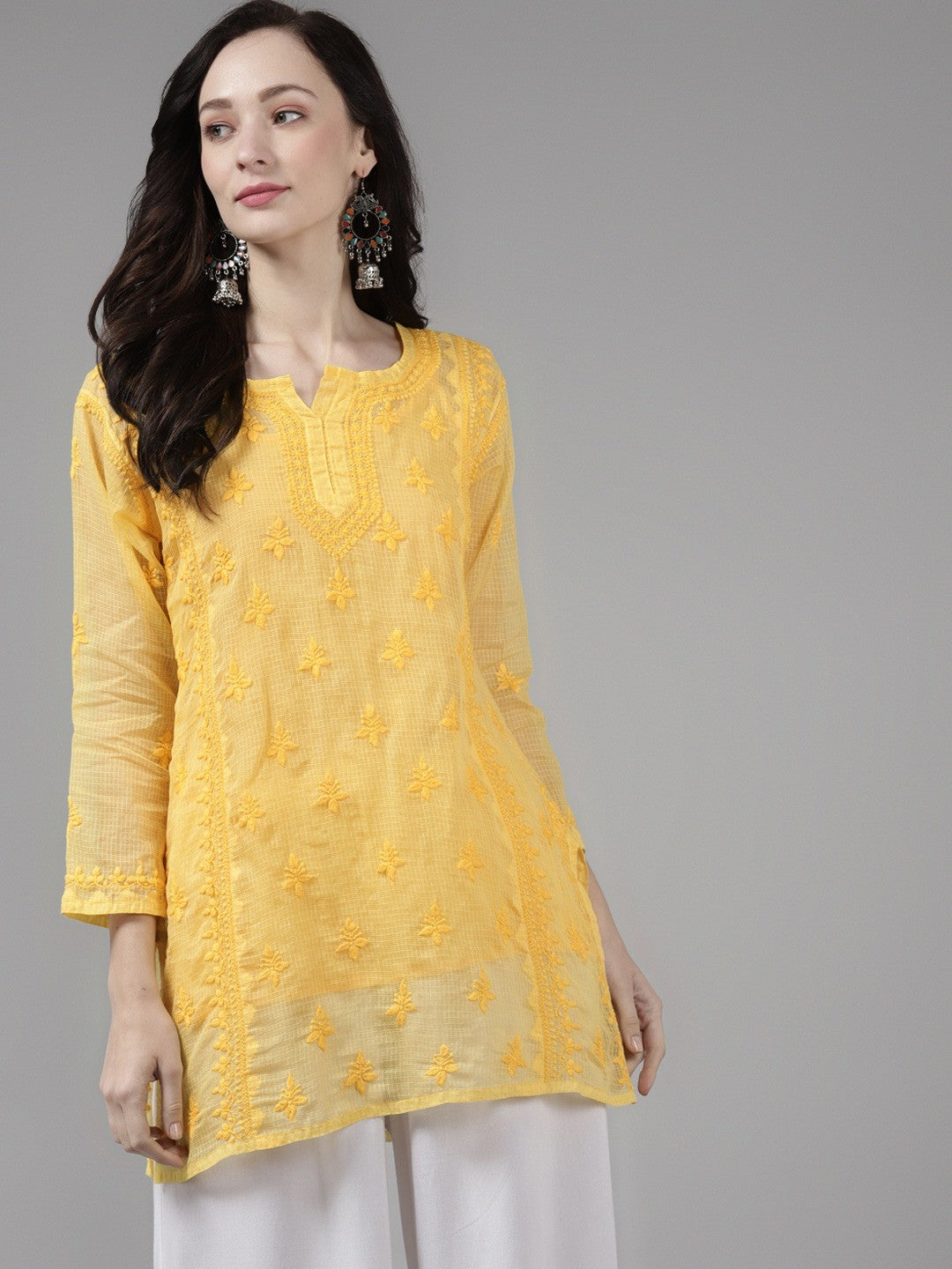 Ada Hand Embroidered Yellow Kota Lucknow Chikan Kurti With Slip A911158