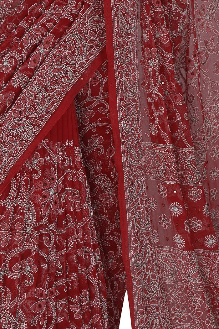 Ada Hand Embroidered Red Georgette Lucknowi Chikankari Saree/Blouse With Zari work A568660