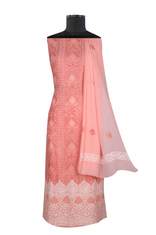 Ada Hand Embroidered Peach Georgette Lucknowi Chikankari Unstitched Suit Piece 01A121029