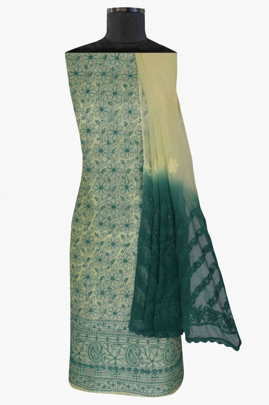 Ada Hand Embroidered Lemon Silk Lucknowi Chikan Unstitched Kurta Dupatta Set A581109