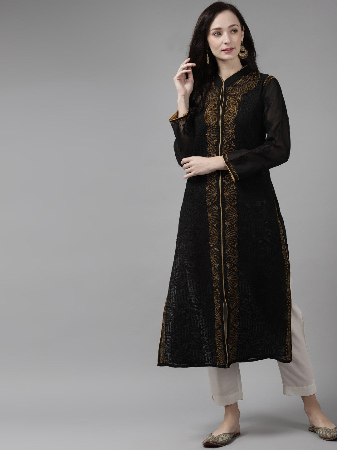 Ada Hand Embroidered Black Cotton Lucknow Chikan Kurta A230739