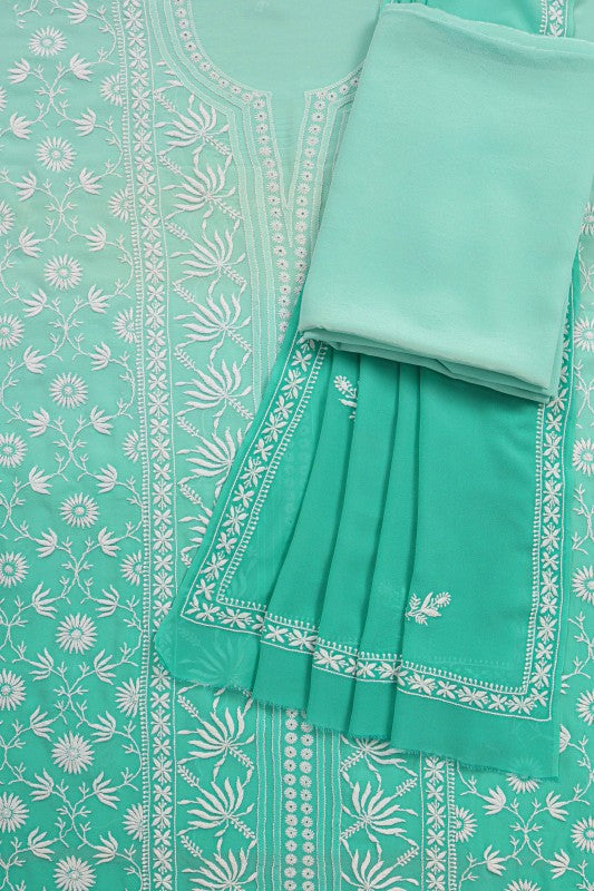Ada Hand Embroidered Sea Green Pure Georgette Lucknowi Chikan Unstitched Suit Piece A576804