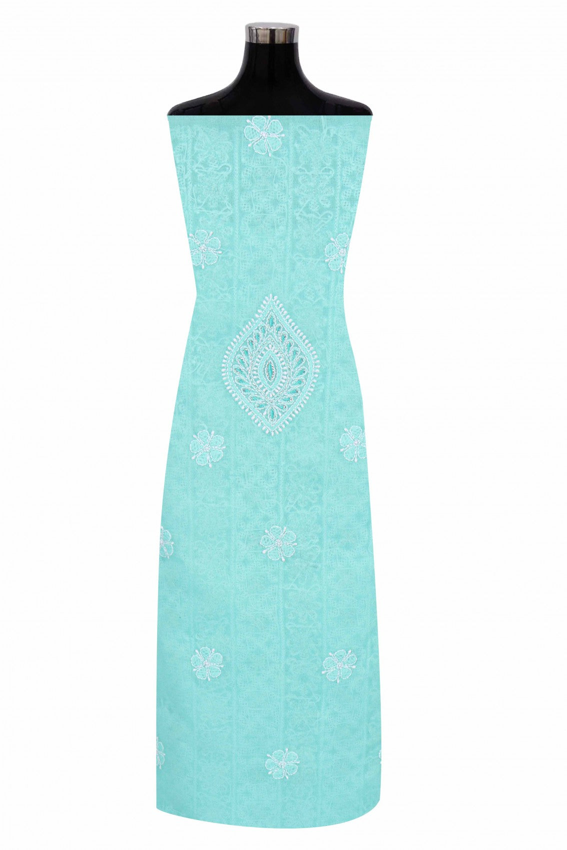 Ada Hand Embroidered Sea Green Cotton Lucknowi Chikankari Unstitched Suit Piece With Silver Lurex 01A220599