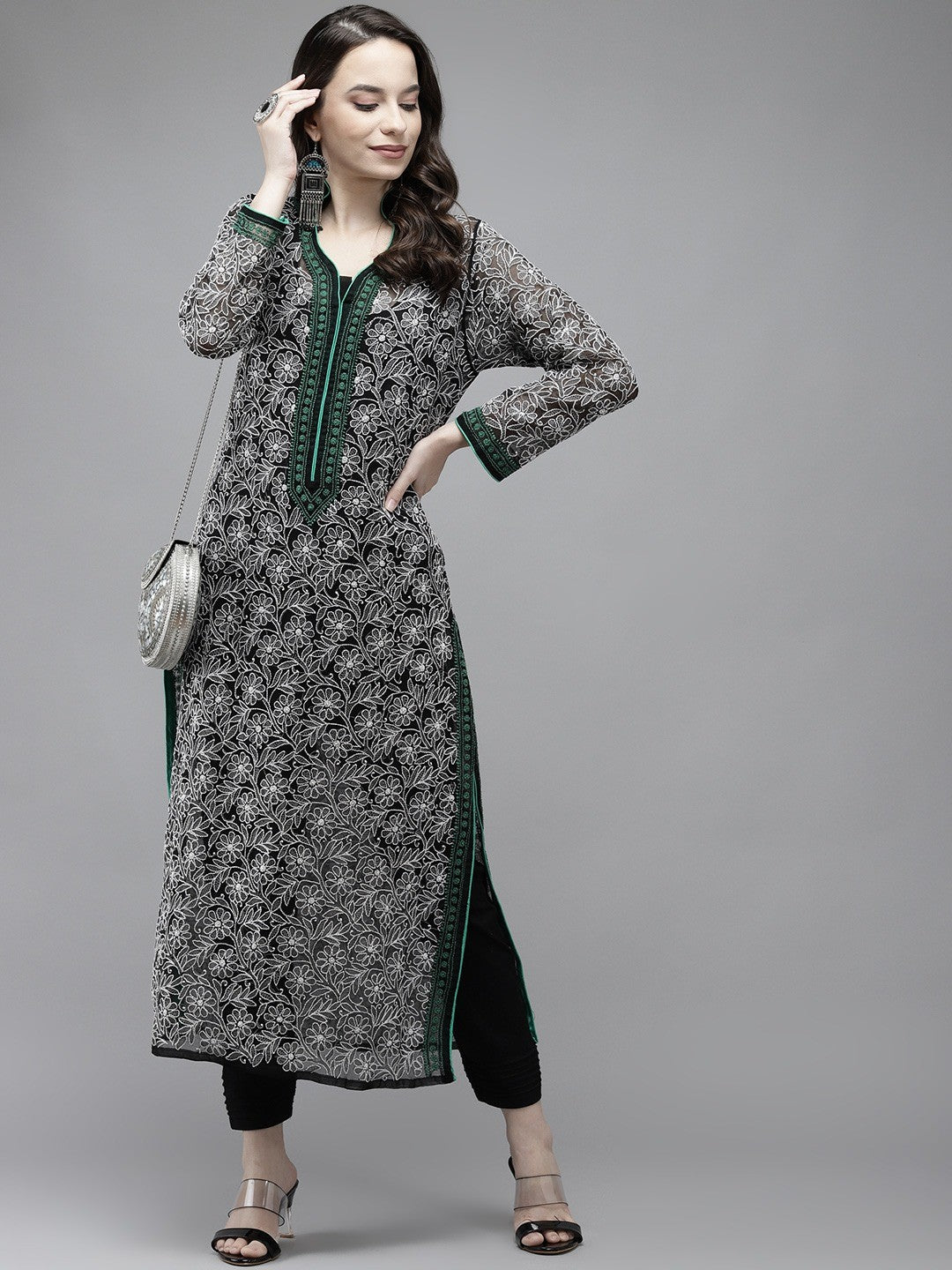 Ada Hand Embroidered Black Georgette Lucknow Chikan Kurta A411270