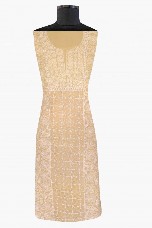 Ada Hand Embroidered Fawn Pure Georgette Lucknowi Chikan Unstitched Kurta Dupatta Set A306716