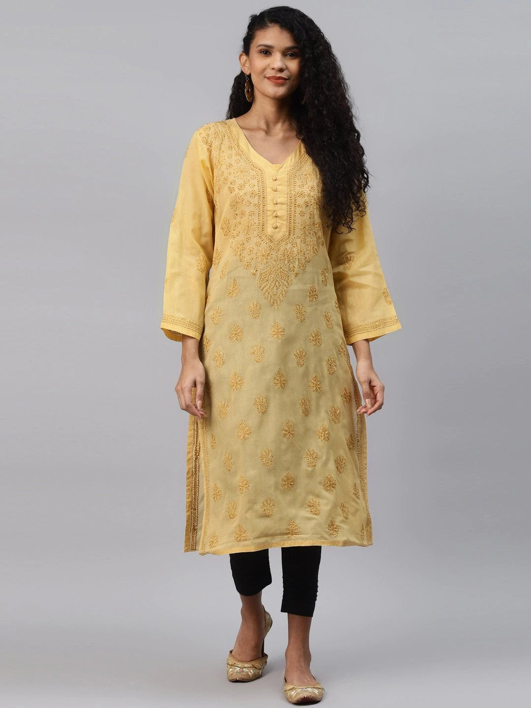 Ada Hand Embroidered Fawn Cotton Lucknowi Chikankari Straight Kurta Set A811203