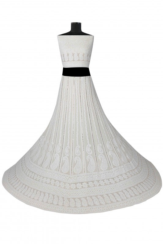 Ada Hand Embroidered Off White Pure Georgette Lucknowi Chikankari Lehenga Set with Muqaish Work A590681