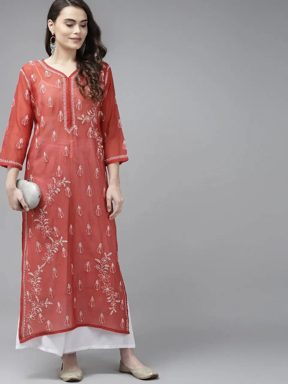Ada Hand Embroidered Maroon Chanderi Lucknow ChikanKari Straight Kurta A411374