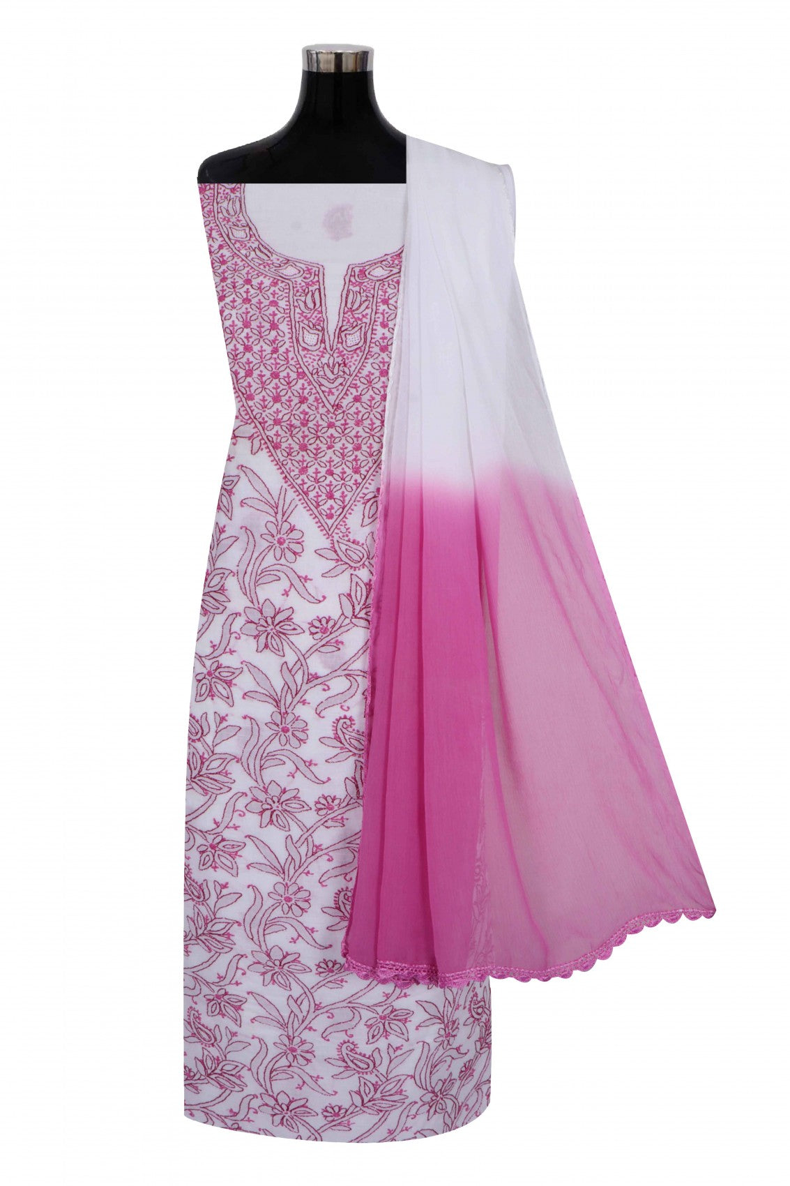 Ada Hand Embroidered White Cotton Lucknowi Chikankari Unstitched Suit Piece A38929