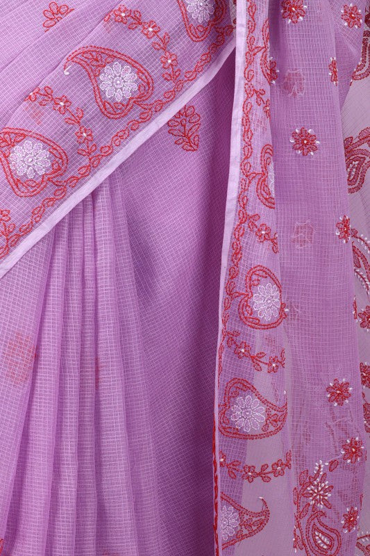 Ada Hand Embroidered Mauve Kota Lucknowi Chikankari Saree With Blouse A208086