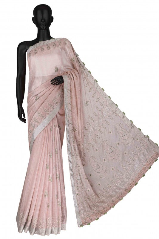 Ada Hand Embroidered Powder Pink Tusser Silk Lucknow Chikan Saree With Blouse-A615156