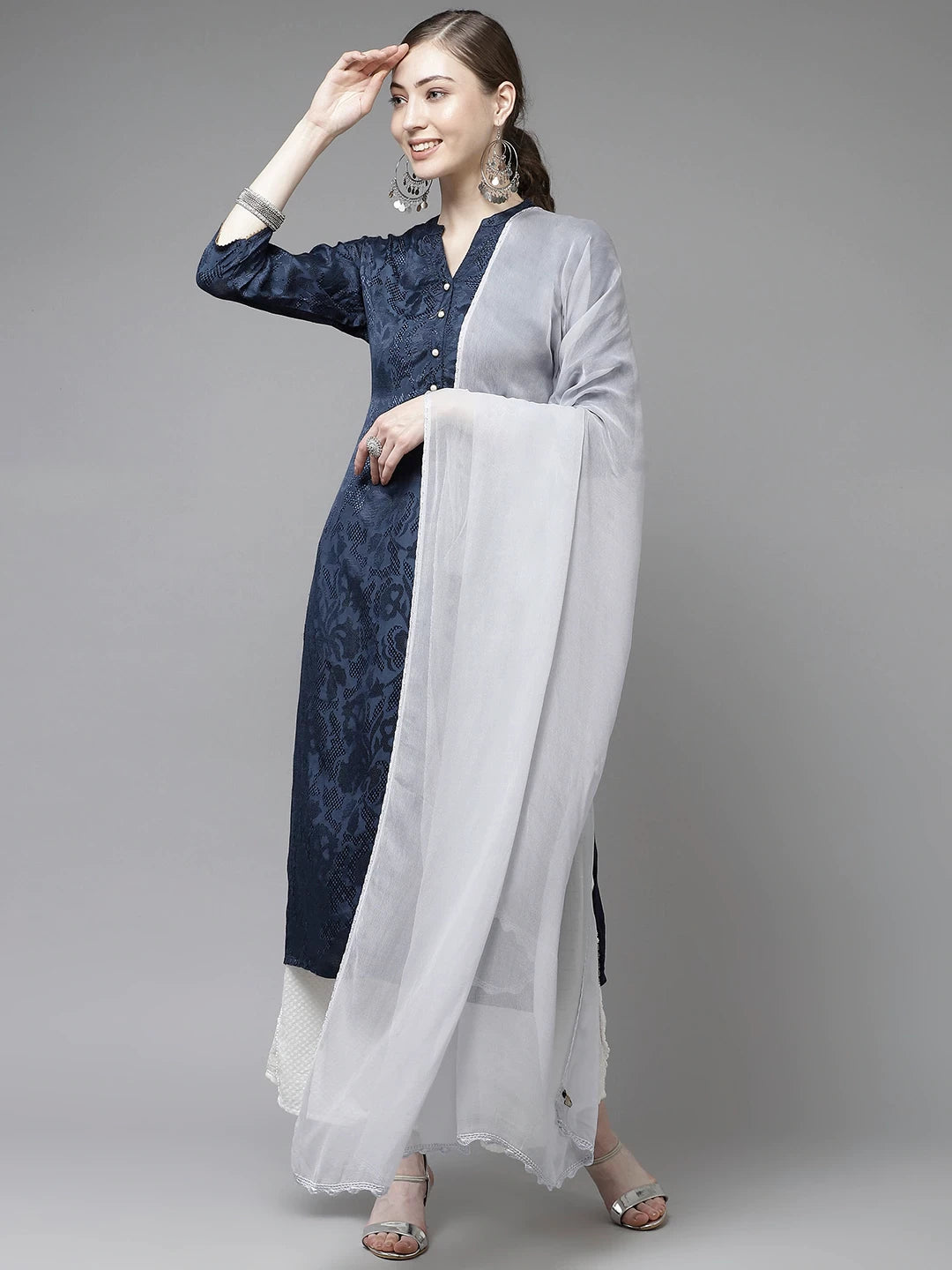 Ada Grey Chiffon Lucknowi Dupatta A511175