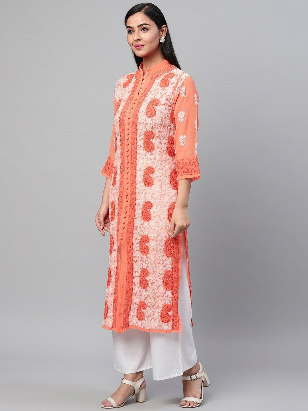 Ada Hand Embroidered Orange Georgette Lucknowi Chikankari Straight Kurta-A272355