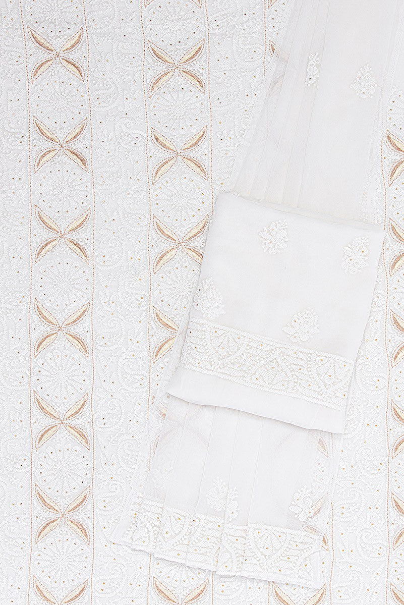 Ada Hand Embroidered White Georgette Lucknowi Chikan Unstitched Suit Piece with Muqaish Work A580885