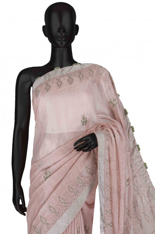 Ada Hand Embroidered Powder Pink Tusser Silk Lucknow Chikan Saree With Blouse-A615156