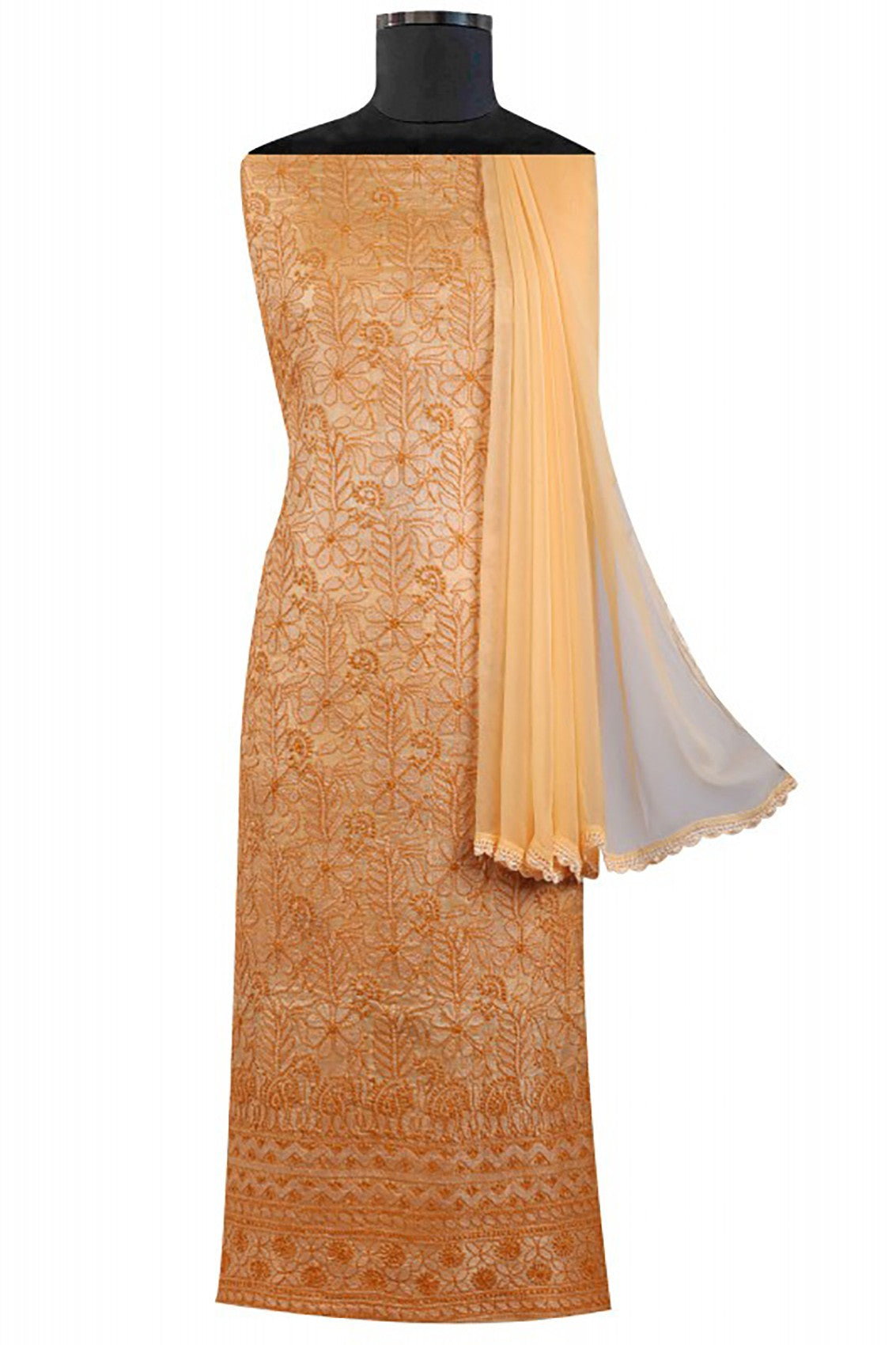 Ada Hand Embroidered Natural Fawn Silk Lucknowi Chikankari Unstitched Suit Piece A609717