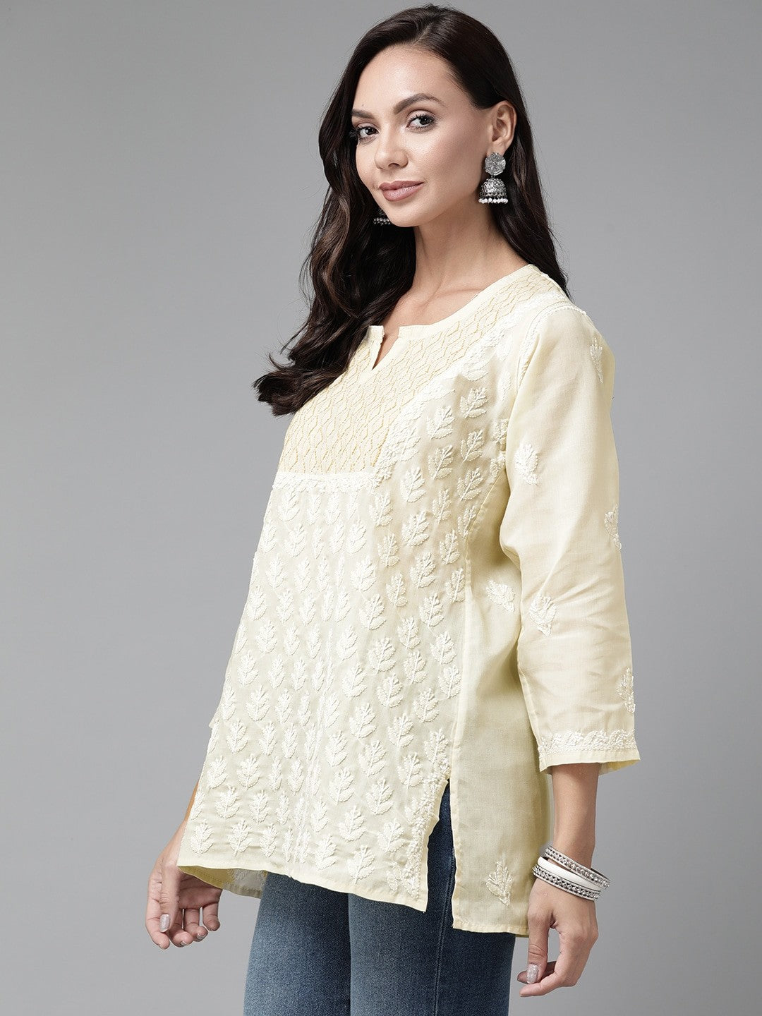 Ada Hand Embroidered Fawn Cotton Lucknowi Chikankari Short Kurti A911214