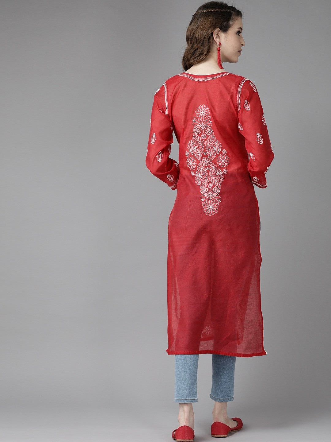 Ada Hand Embroidered Red Chanderi Lucknowi Chikankari Straight Kurta A411178