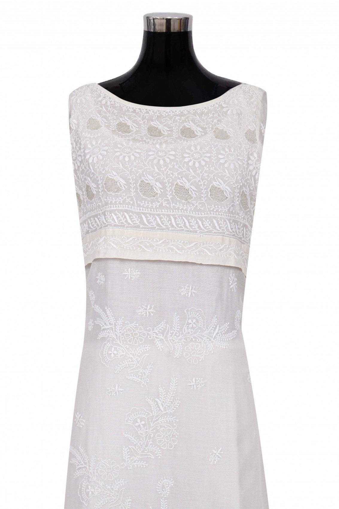 Ada Hand Embroidered Off White Chanderi Lucknowi Chikankari Semi-stitched Kurta Dupatta Set With Zari Work 01A124160
