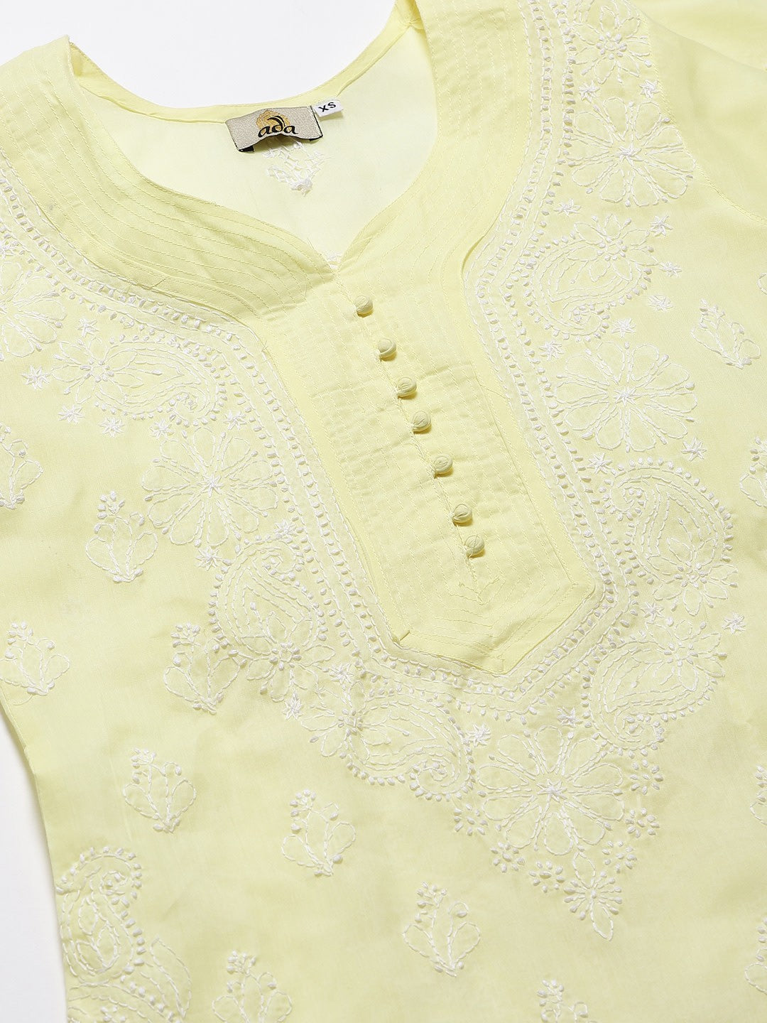 Ada Hand Embroidered Lemon Cotton Lucknowi Chikankari Kurta with Trouser Set A100396