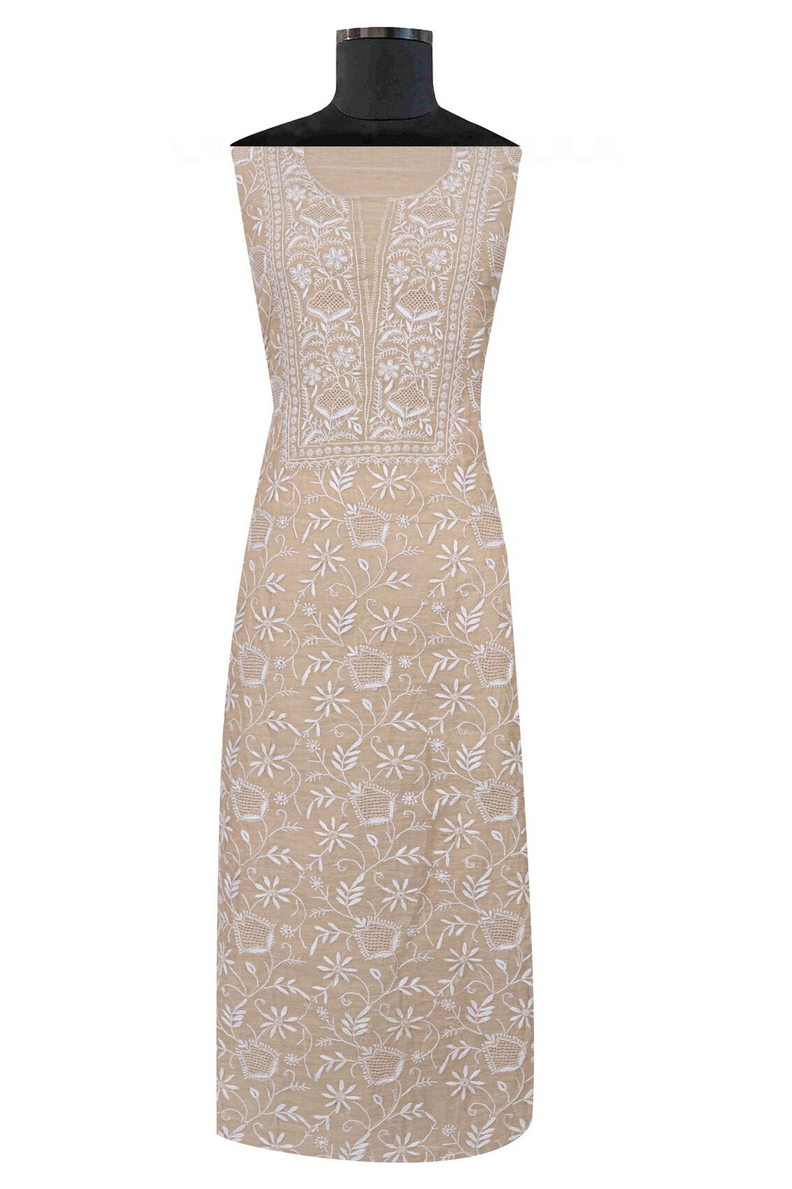 Ada Hand Embroidered Natural Fawn Tissue Lucknowi Chikankari Unstitched Kurta Dupatta Set 01A213418