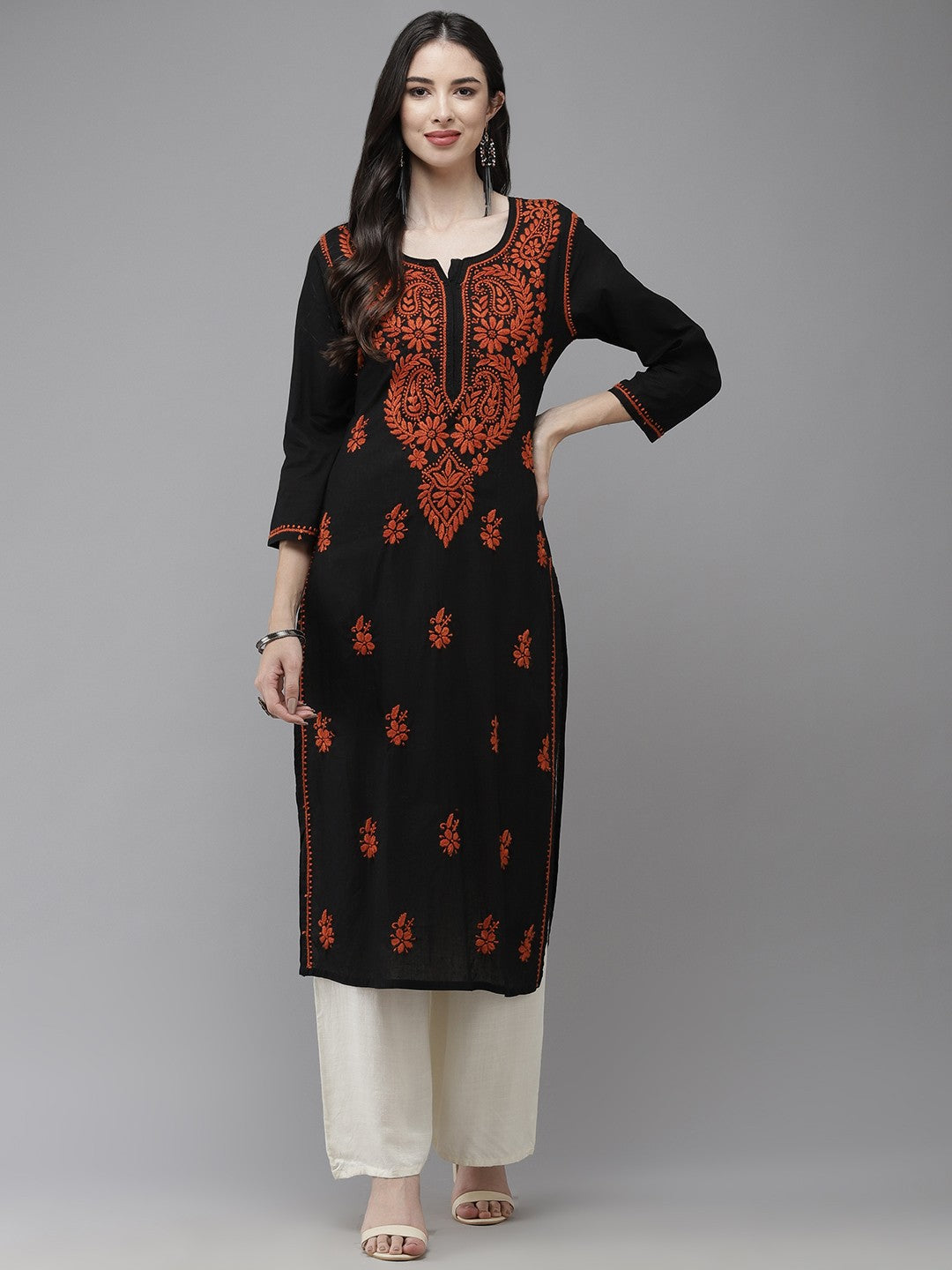 Ada Hand Embroidered Black Cotton Lucknowi Chikankari Straight Kurta A411277