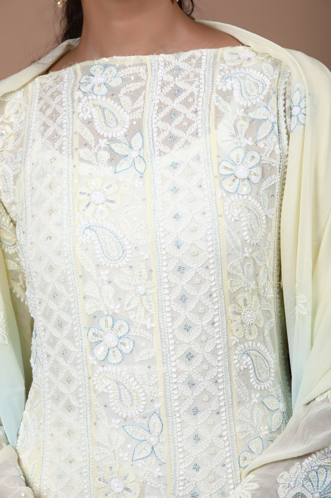 Ada Hand Embroidered Dual Shade Lemon And Blue Pure Georgette Lucknowi Chikankari Semi-Stitched Anarkali Kurta Dupatta Set With Cutdana Work 01A255942