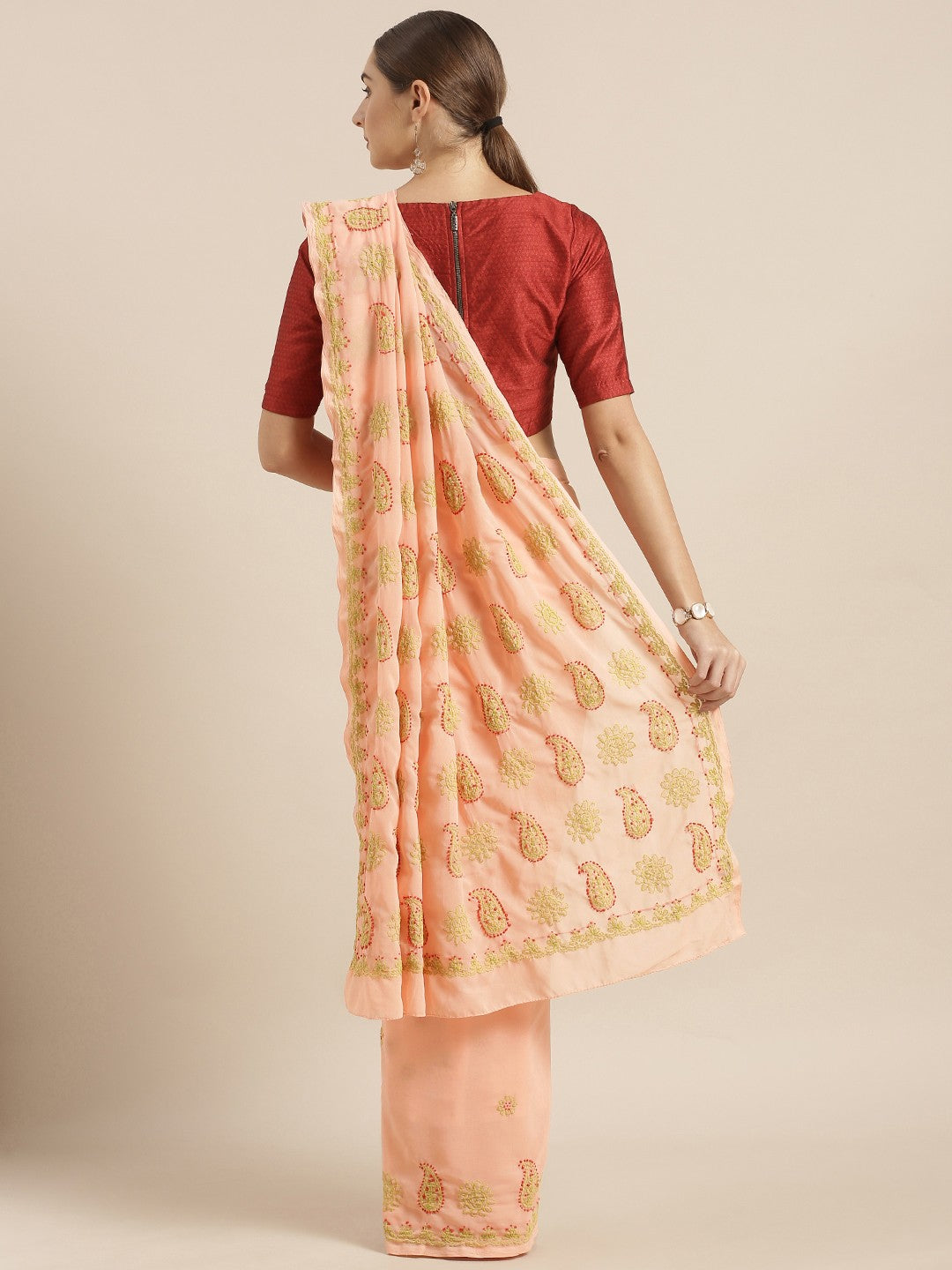Ada Hand Embroidered Peach Georgette Lucknowi Chikankari Saree With Blouse A191582