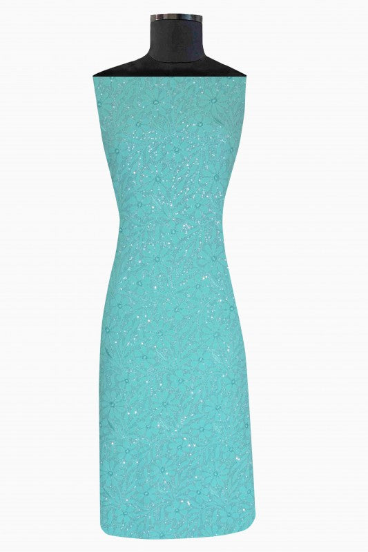 Ada Hand Embroidered Turquoise Blue Georgette Lucknowi Chikan Unstitched Kurta Dupatta Set with Sequinned Work A611683