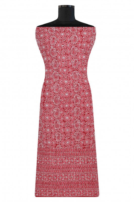 Ada Hand Embroidered Red Georgette Chikan Unstitched Kurta Piece-A315132