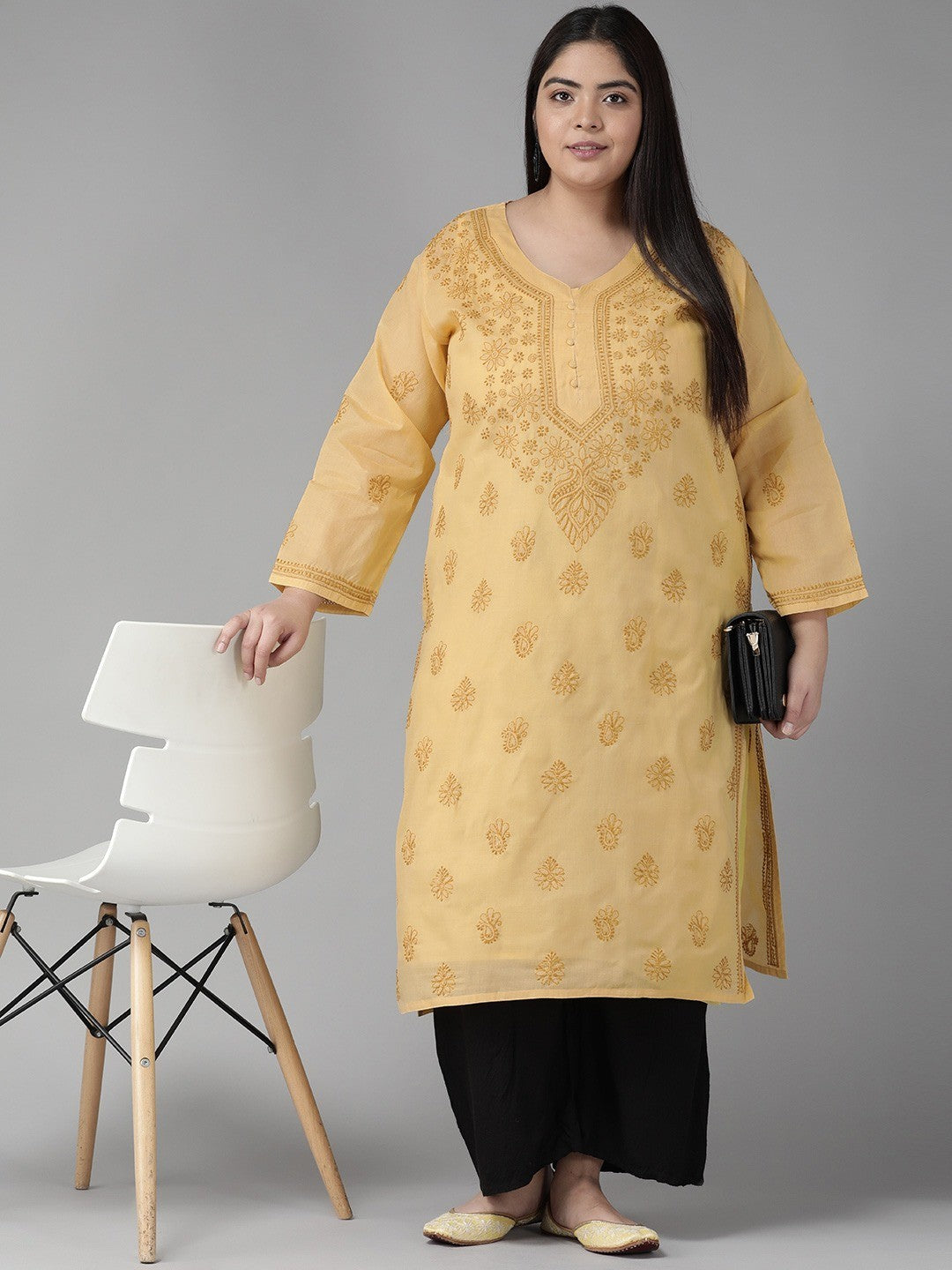 Ada Hand Embroidered Fawn Cotton Lucknowi Chikankari Straight Kurta A231417