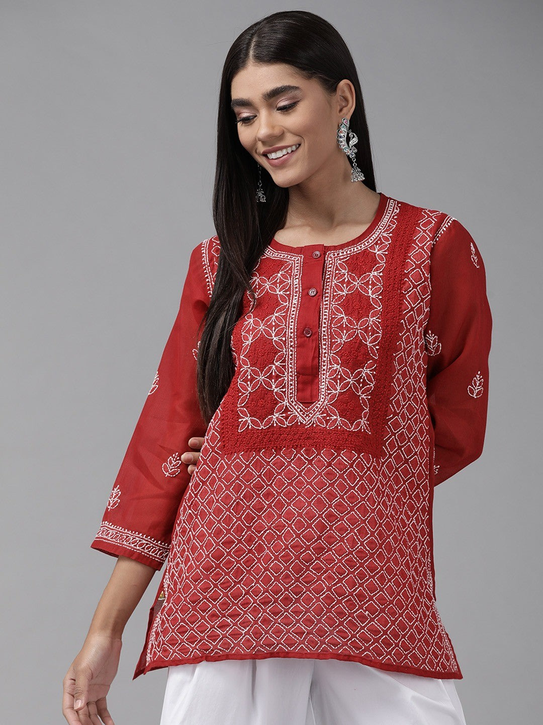 Ada Hand Embroidered Red Cotton Lucknowi Chikankari Straight Kurti A911248