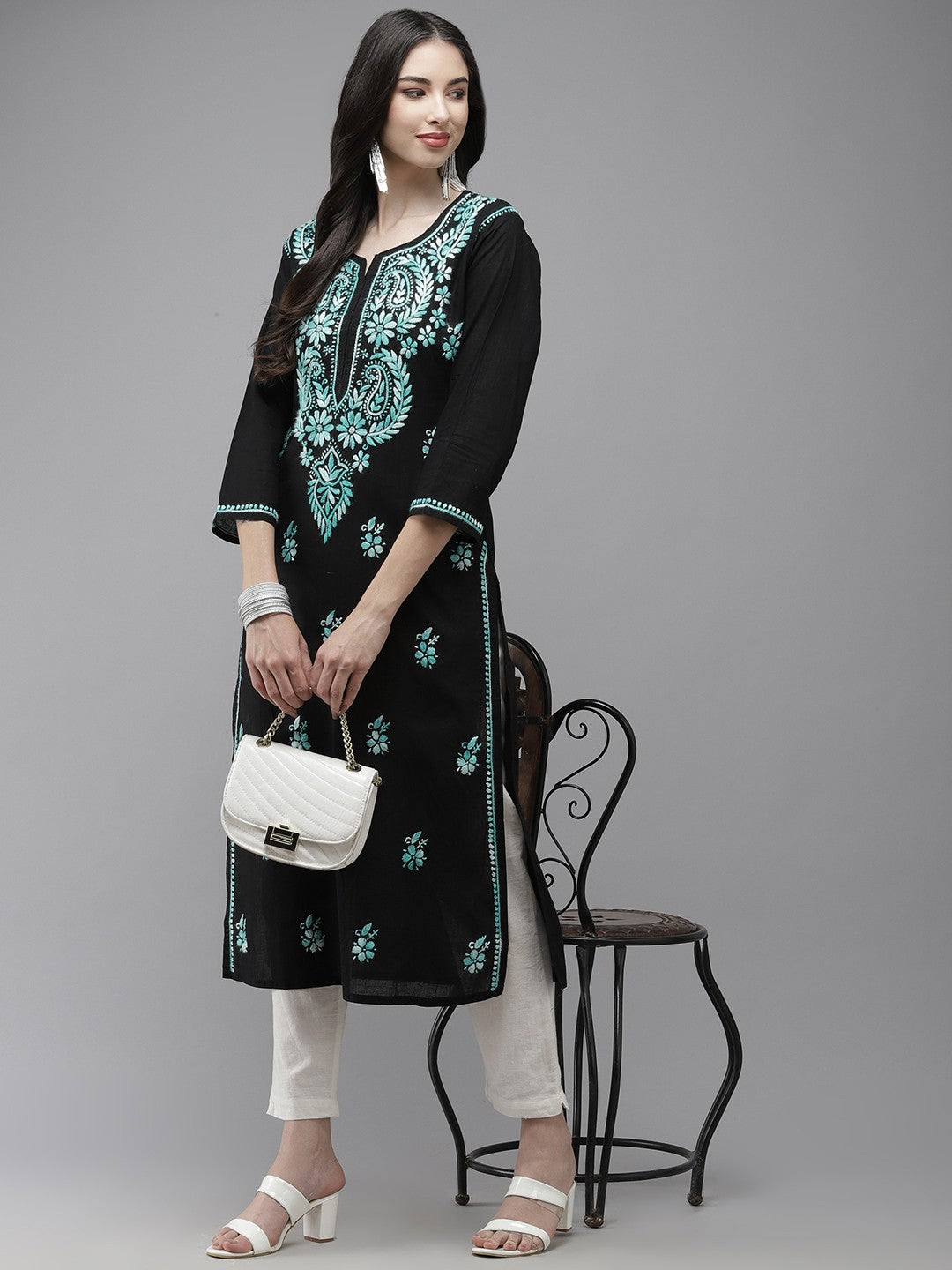 Ada Hand Embroidered Black Cotton Lucknow Chikankari Kurta A411279
