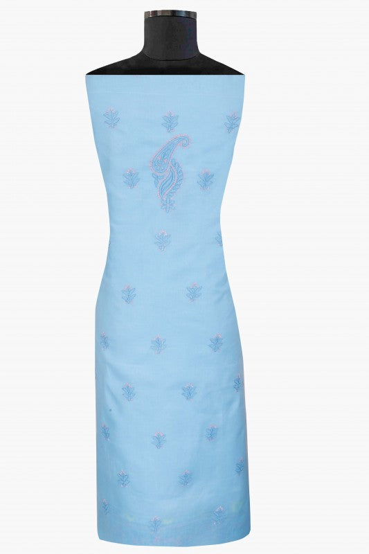 Ada Hand Embroidered Blue Cotton Lucknowi Chikan Unstitched Suit Piece-A100166