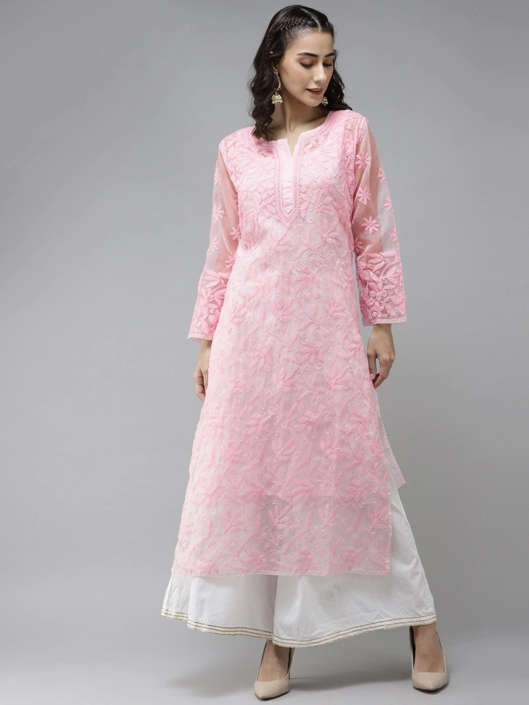Ada Hand Embroidered Pink Organza Lucknowi Chikankari Straight Kurta With Slip A411237