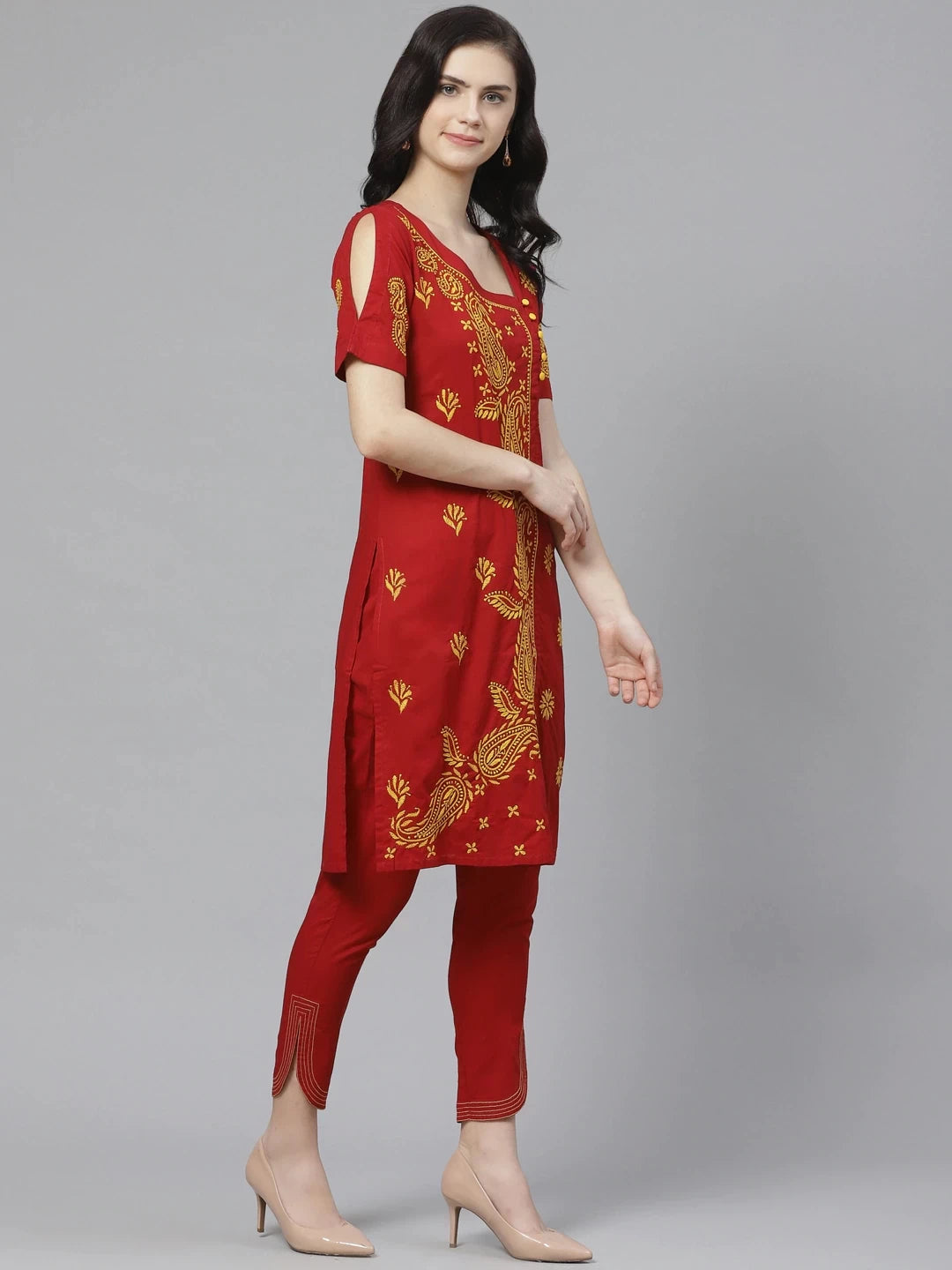 Ada Hand Embroidered Maroon Cotton Lucknowi Chikankari Straight Kurta With Trouser Set A100331