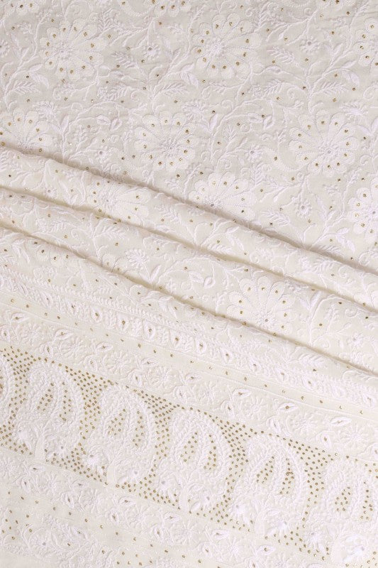 Ada Hand Embroidered White Pure Georgette Lucknowi Chikan Unstitched Kurta Dupatta Set With Muqaish Work-A610887