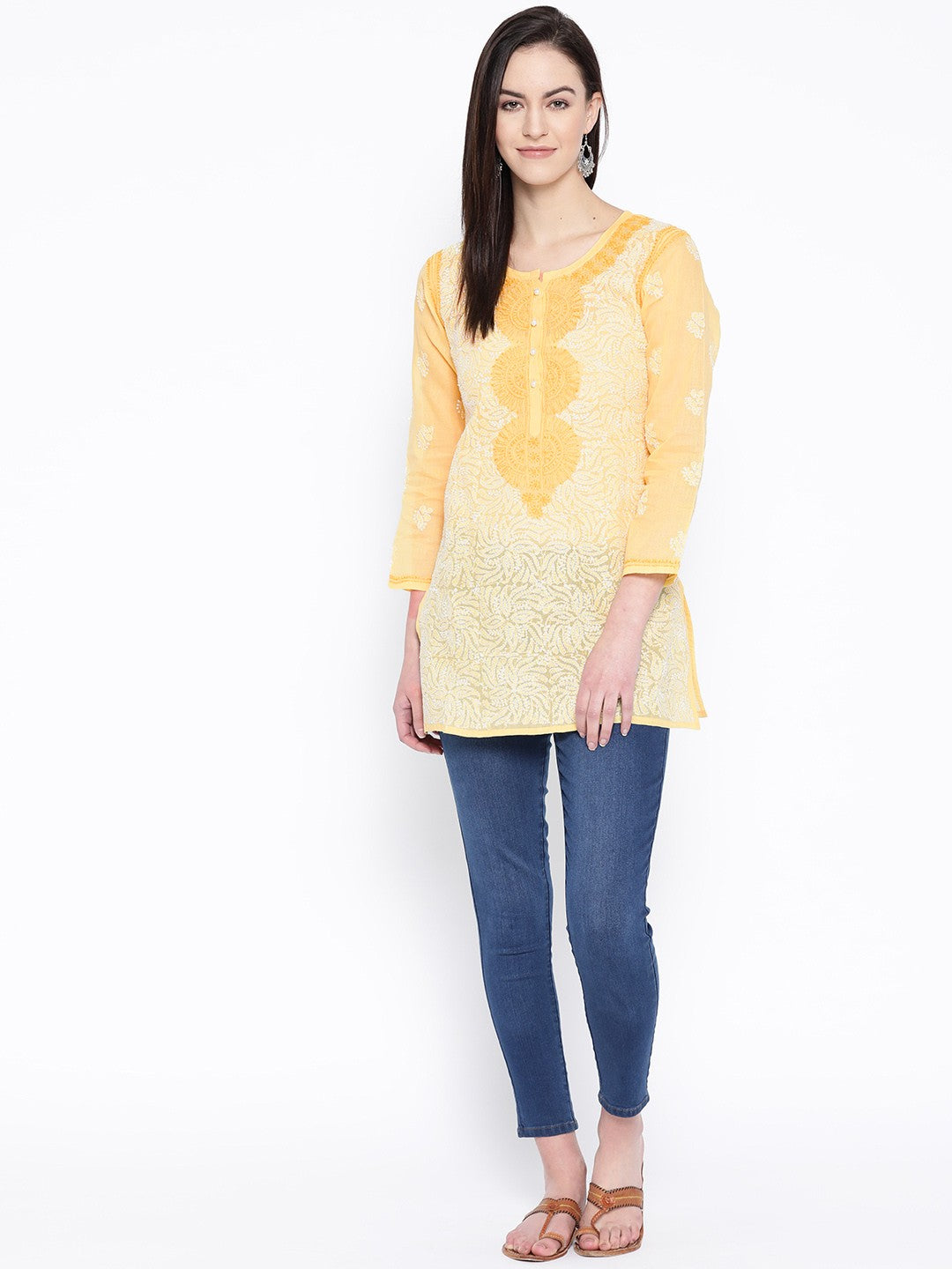 Ada Hand Embroidered Yellow Cotton Lucknow Chikan Top A100231