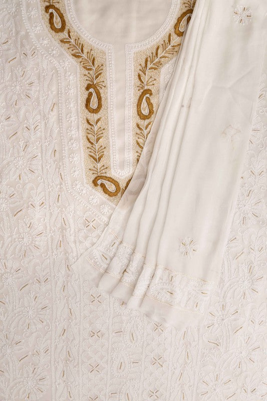 Ada Hand Embroidered White Georgette Lucknowi Chikan Unstitched Kurta Dupatta with Pearl Work A613206