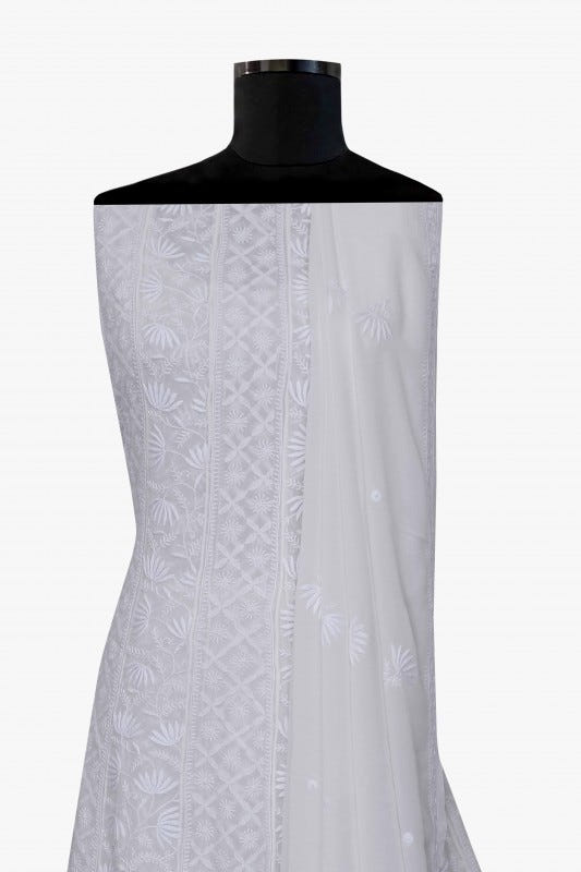 Ada Hand Embroidered White Pure Georgette Lucknowi Chikankari Semi-stitched Anarkali Kurta Dupatta – A583363
