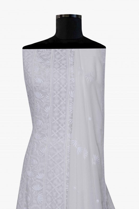 Ada Hand Embroidered White Pure Georgette Lucknowi Chikankari Semi-stitched Anarkali Kurta Dupatta – A583363