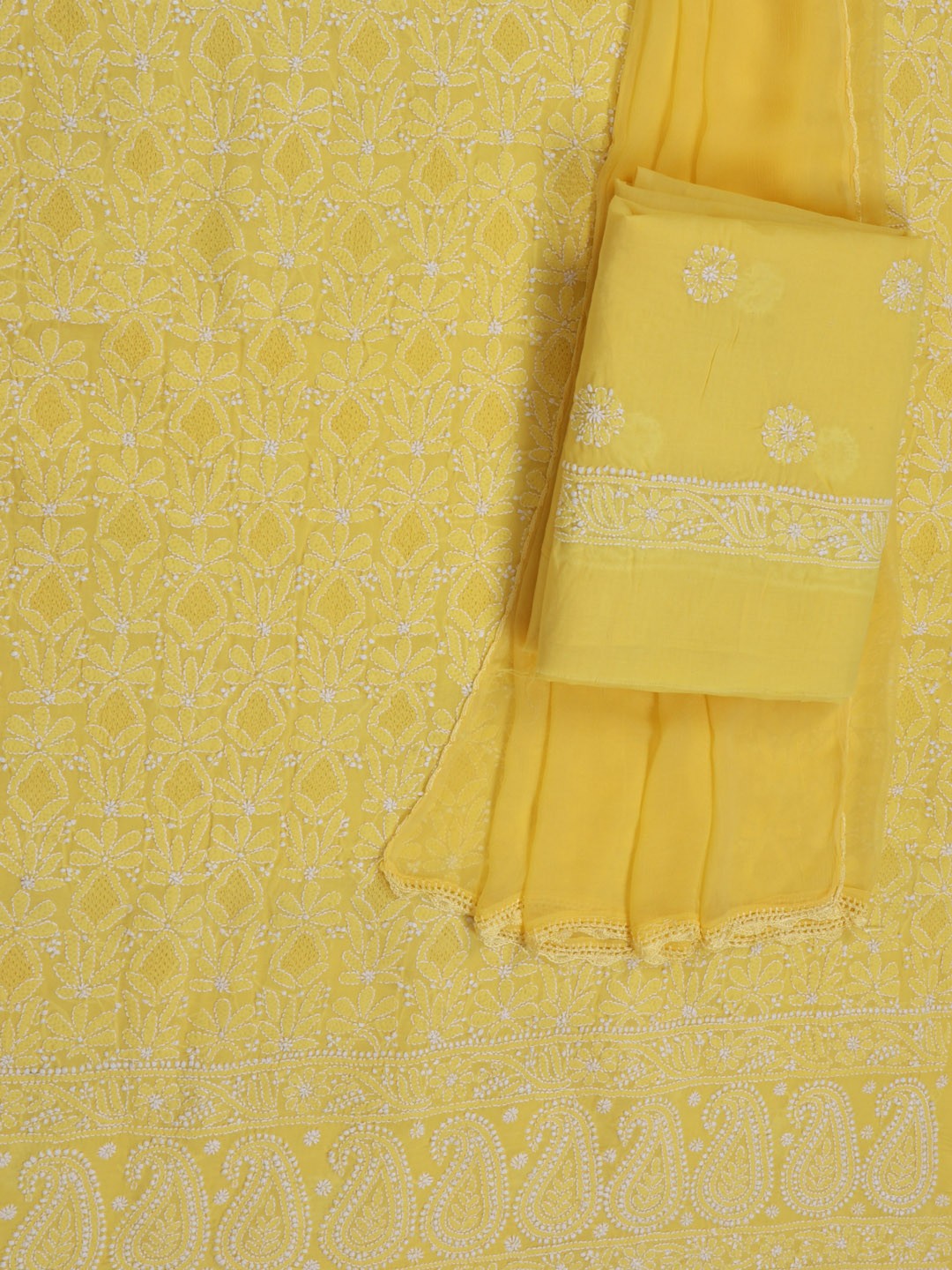 Ada Hand Embroidered Bright Yellow Cotton Lucknowi Chikankari Unstitched Suit Piece 01A39174