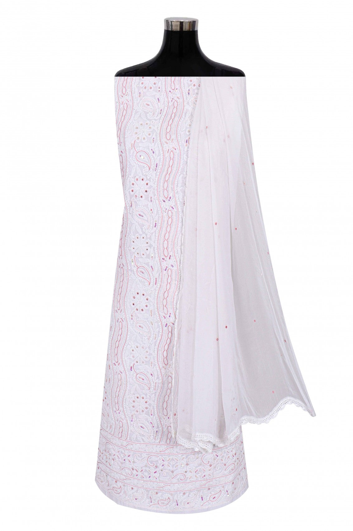 Ada Hand Embroidered White Cotton Lucknowi Chikankari Unstitched Suit Piece With Sequinned Work A100974