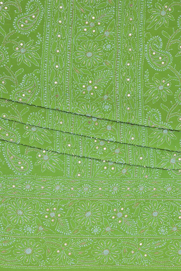 Ada Hand Embroidered Kelly Green Georgette Lucknowi Chikan Unstitched Kurta Piece with Pearl Work A579393