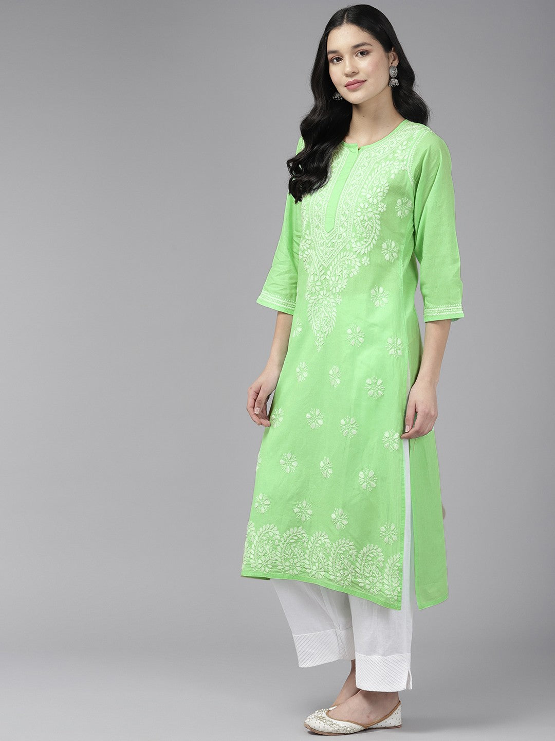 Ada Hand Embroidered Green Cotton Lucknowi Chikankari Straight Kurta A411423