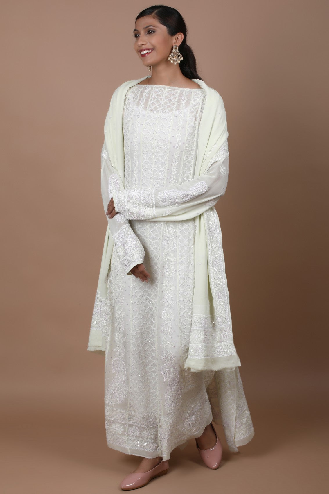 Ada Hand Embroidered Lime Green Pure Georgette Lucknowi Chikankari Semi-Stitched Anarkali Kurta Dupatta Set With Sequinned Work 01A194514