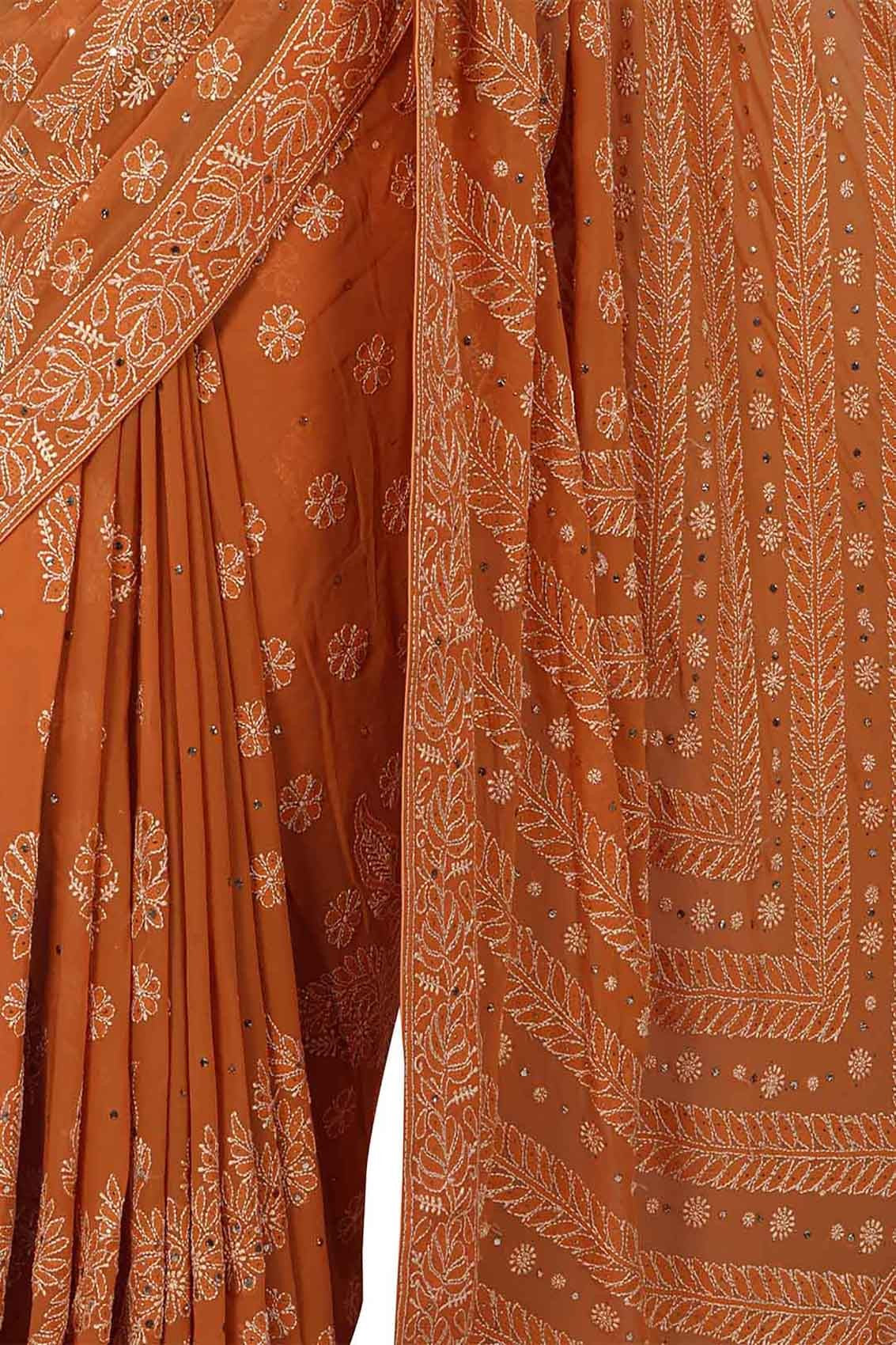 Ada Hand Embroidered Mustard Pure Georgette Lucknowi Chikankari Saree/Blouse With Muqaish Work 01A34780